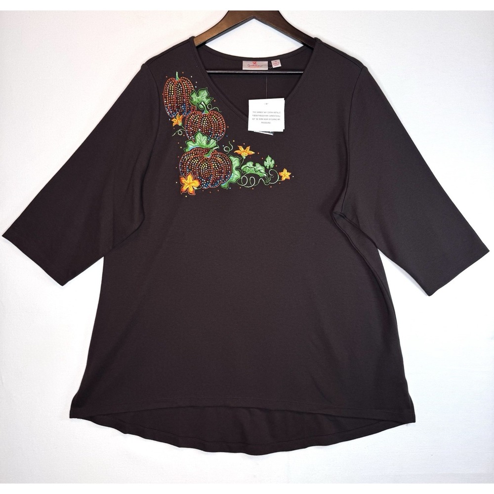 Quacker Factory NWT Sz 1X Elbow Sleeve Knit Top Rhinestone Embroidered Pumpkins
